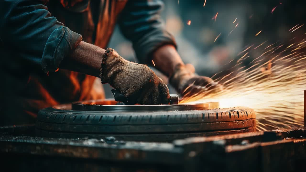 An Expert Craftsman Polishes a Tire Rim, Sparks Fly as He Shapes the Metal in a Well-Illuminated Workshop, Demonstrating Skill and Precision in Every Move