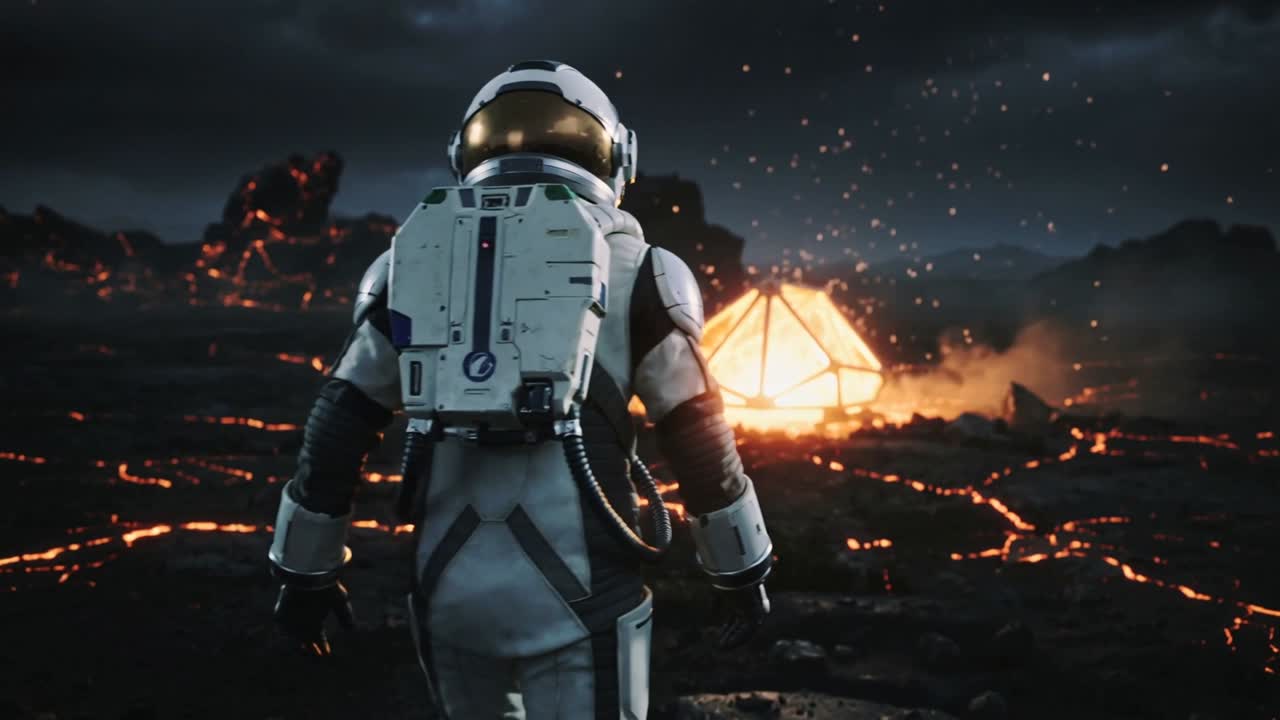 Ser en glødende geometrisk kuppel, astronaut i dragt bevæger sig frem på en lavaskåret slette om natten for at finde ly