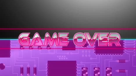 Animation-of-game-over-in-pink-metallic-letters-over-computer-circuit-board-on-pink-background