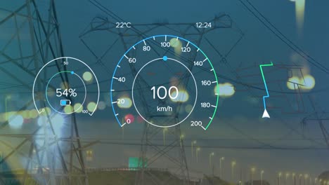 animation of changing numbers in speedometers, navigation pattern, transmission towers against sky