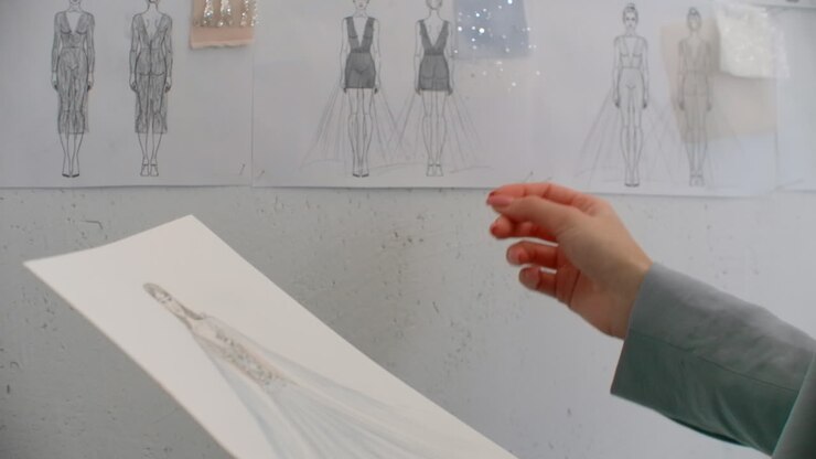 Female fashion designer is choosing and hanging clothing sketches to wall for her newest collection. Light fabrics. Female fashion designer is choosing and