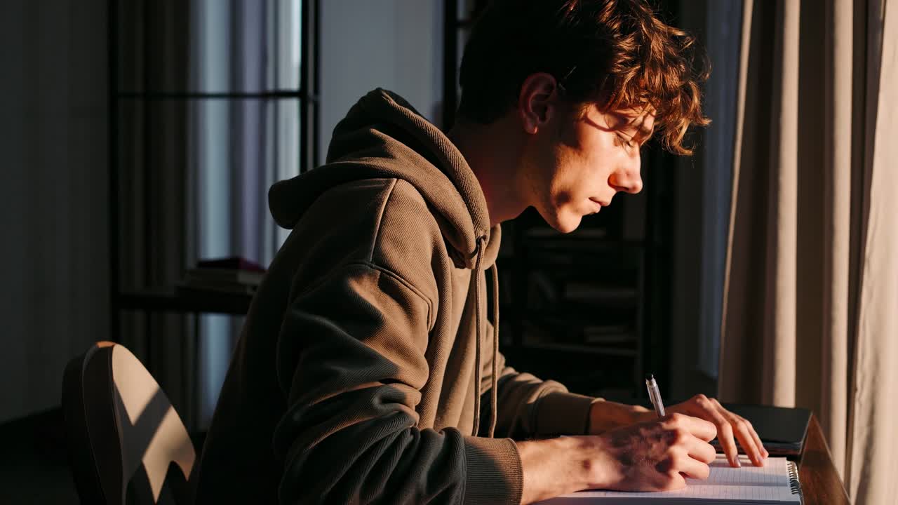 Focused student is diligently working at his desk, bathed in the warm glow of sunlight streaming through a nearby window, creating a serene atmosphere of concentration and productivity