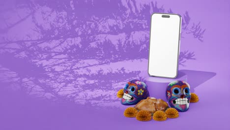 Cempazúchitl-flower-and-purple-skulls-with-template-phone-mockup-on-podium