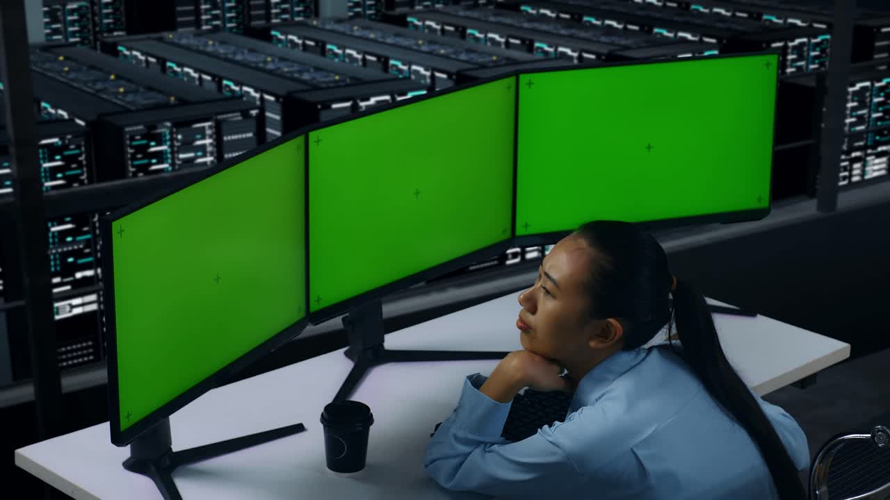 vista lateral de una mujer asiática aburrida trabajando con múltiples monitores de computadora en un centro de datos