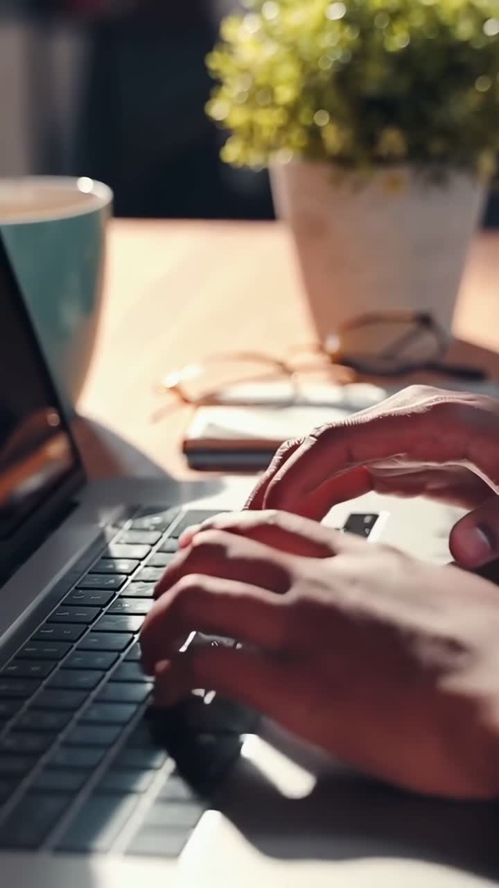 Video ravvicinato di mani che digitano su un computer portatile, con una messa a fuoco sfocata su una pianta sullo sfondo