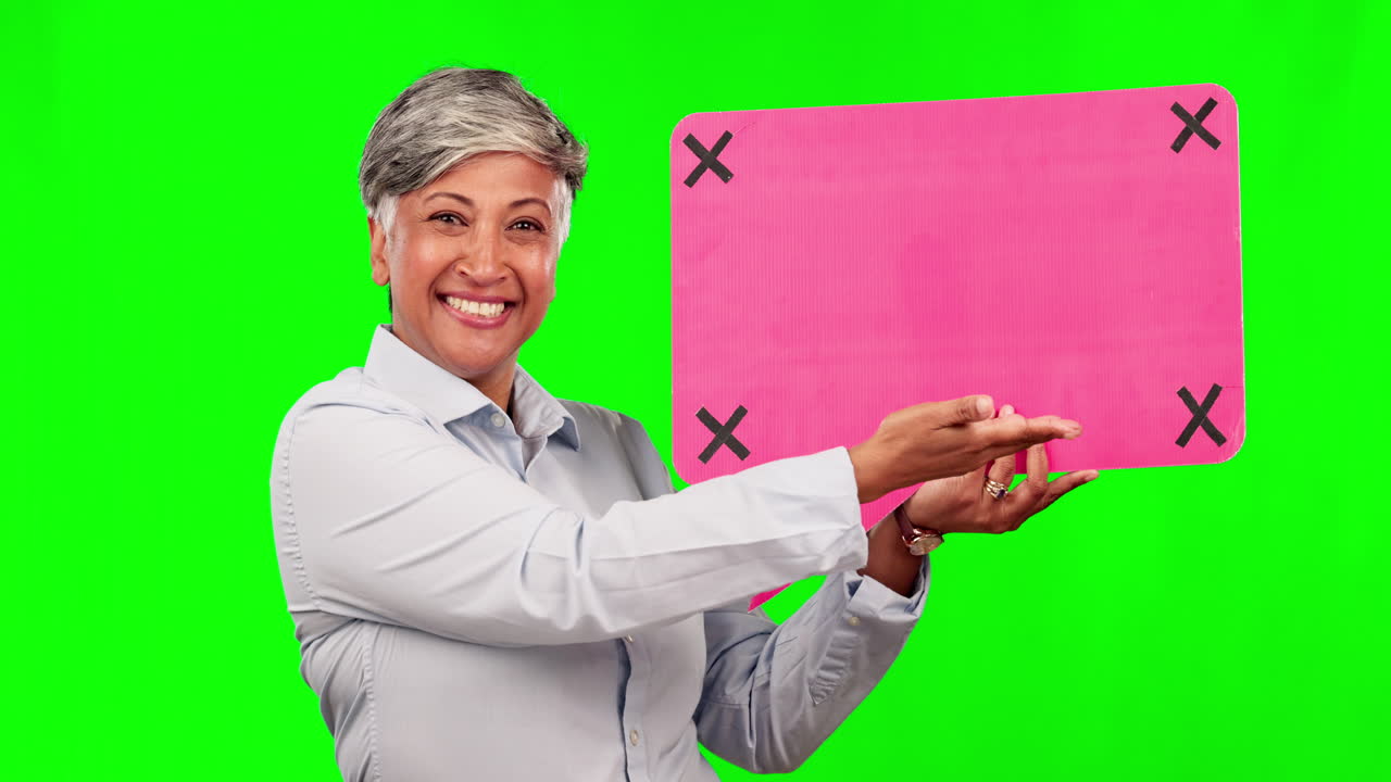 Business, green screen and a woman show speech