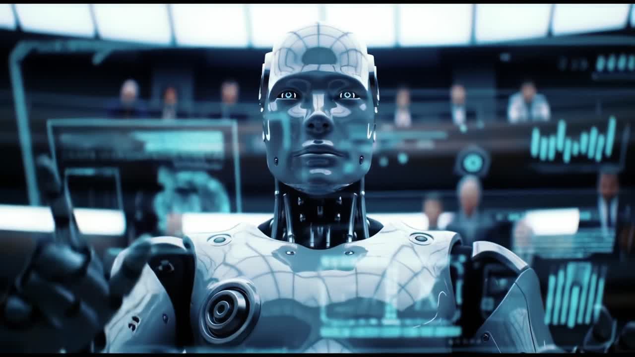 A Futuristic AI Robot Presented in a High-tech Environment Captivating a Diverse Audience with Its Profound Expressions and Innovative Design, Raising Questions About Human-Robot Interaction