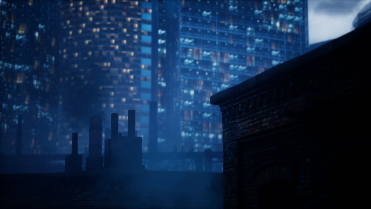 비즈니스 센터의 마천루와 공장의 파이프는 공기를 오염시 ⁇ 니다.