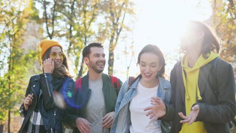 Junge-Gruppe-Von-Freunden,-Die-Im-Herbst-Im-Park-Spazieren-Gehen-Und-Reden