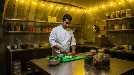 a culinary artist perfects his skills in a cozy kitchen, expertly chopping fresh ingredients under warm ambient lighting to create delicious dishes