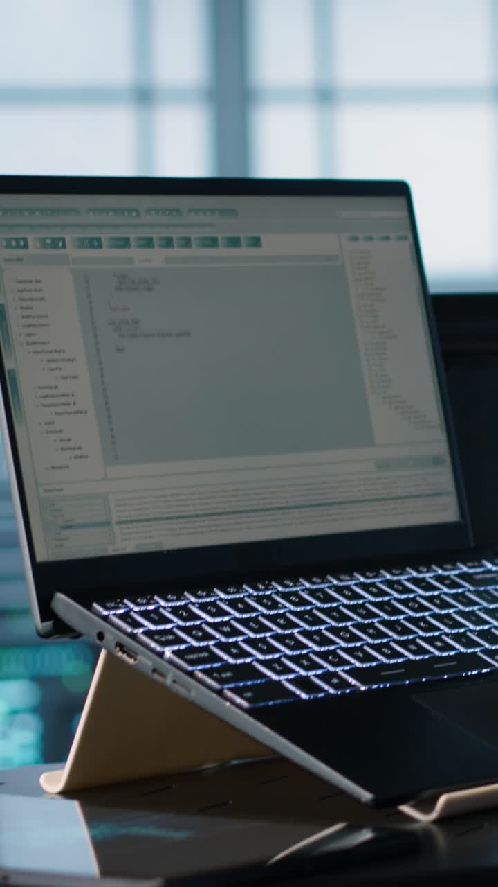 Vertical video Data center engineer coding on notebook, adjusting power settings