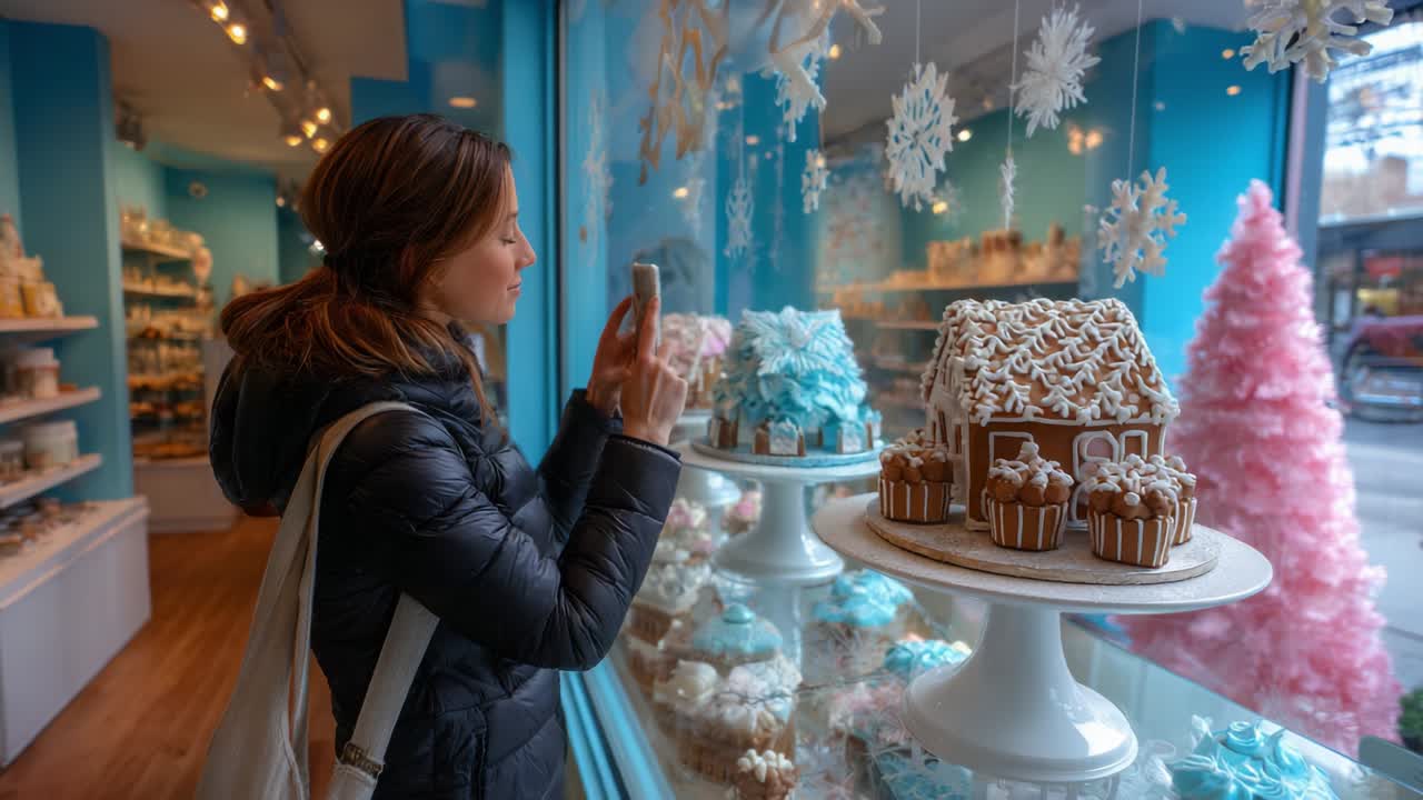 A Winter Wonderland Delight: A Woman Captivated by an Adorable Gingerbread House Display with Frosted Cupcakes and Holiday Decor through a Colorful Storefront Window