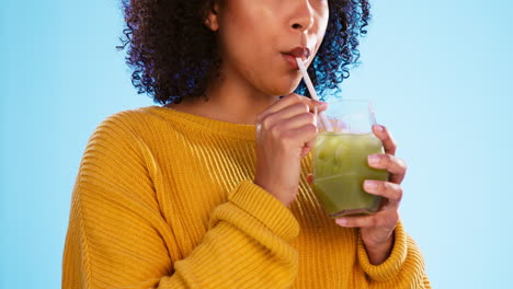 happy, healthy woman and drinking smoothie