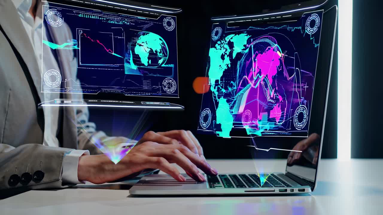 A futuristic video concept showing a person using a laptop with holographic displays