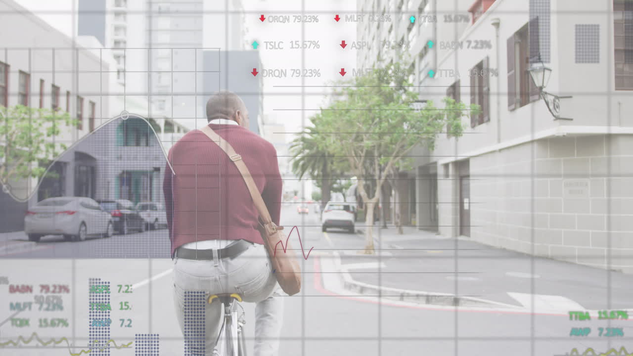 아프리카계 미국인 사업가 사이클링에 대한 데이터 처리의 애니메이션