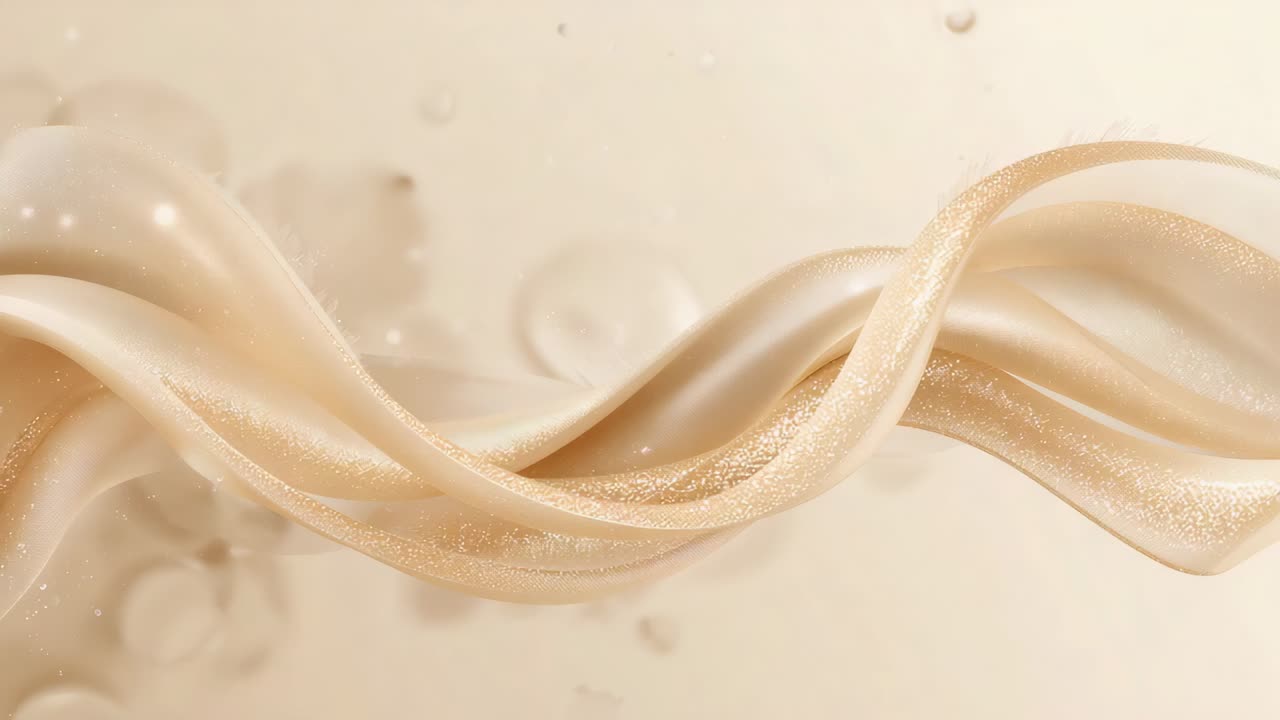 Sliding cream ribbon entering both edges braiding in studio with bubbles and glints for display