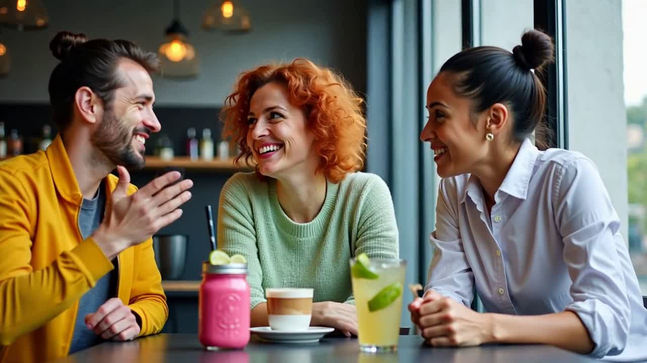 Three people are sitting at a table in a cafe, laughing