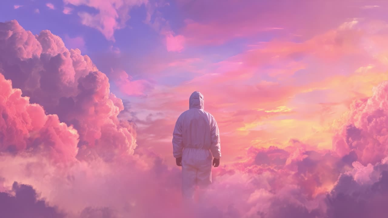 Una figura solitaria vestita con un abito bianco si erge tra nuvole rosa e viola vibranti mentre il sole tramonta, creando un'atmosfera surreale e onirica piena di bellezza eterea.