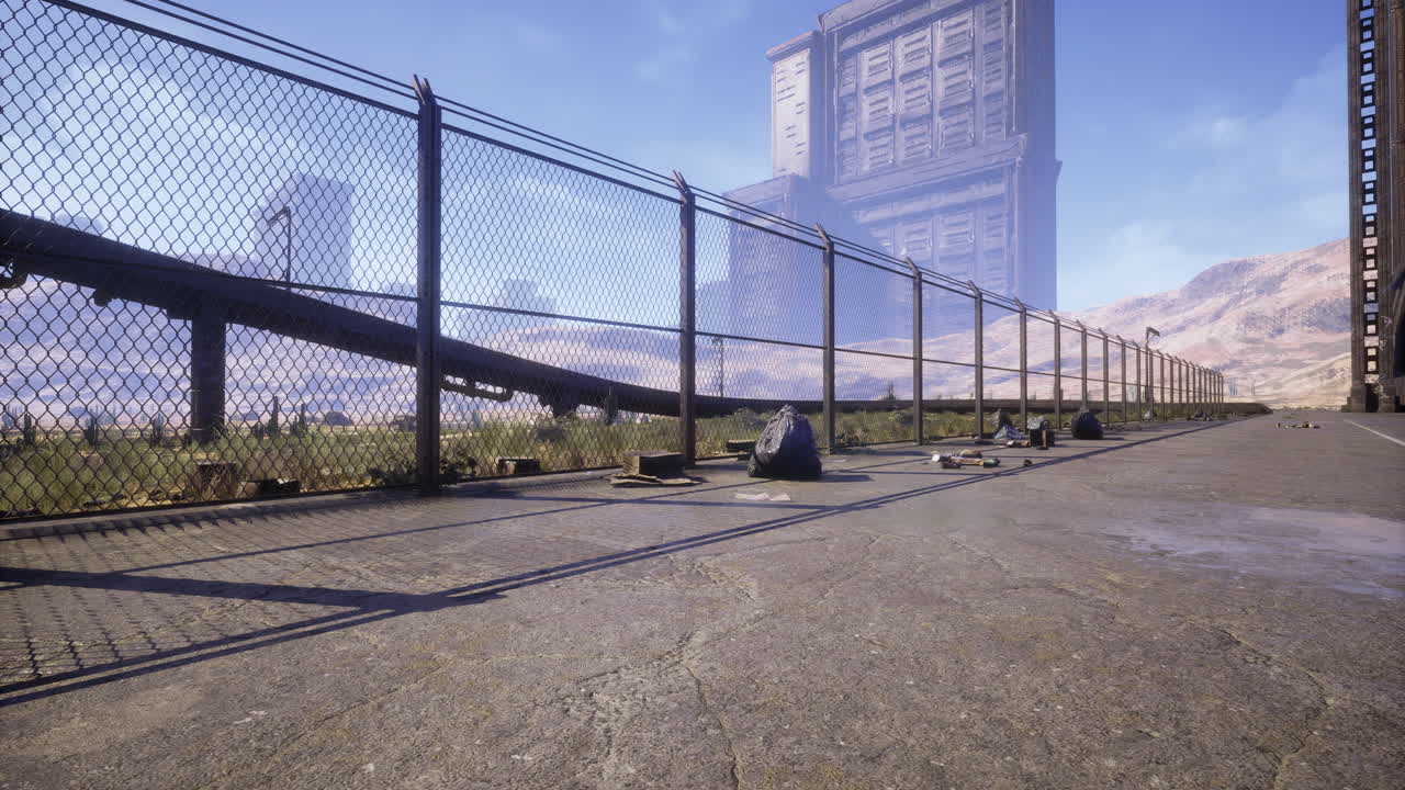 Exploring a deserted path with rugged terrain and distant buildings