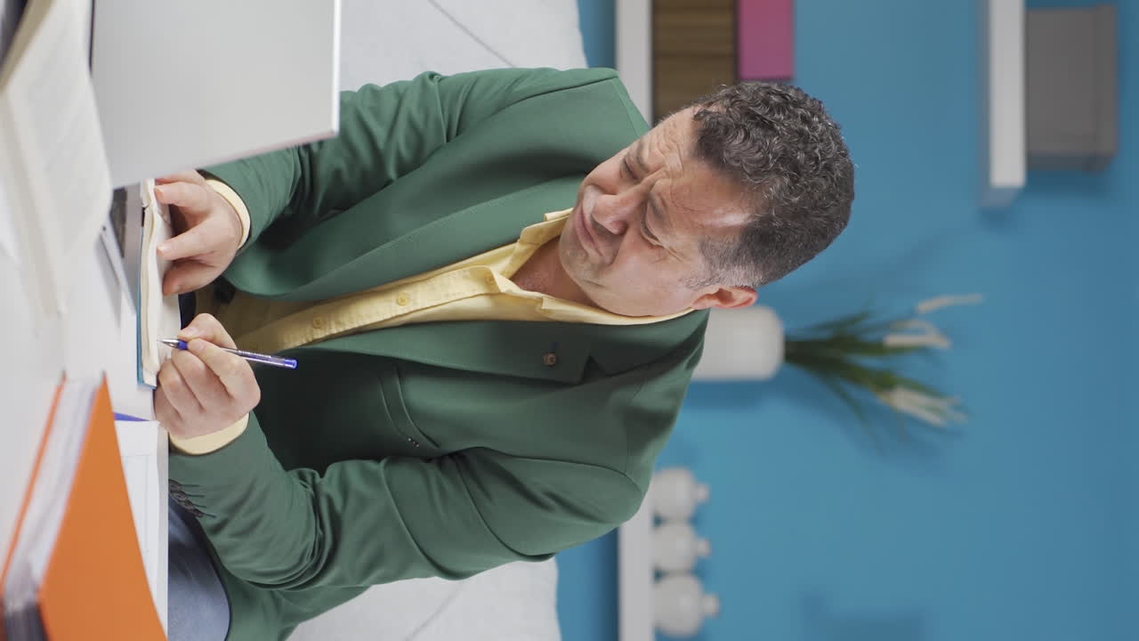 video vertical del trabajador de la oficina en casa el anciano está cansado y con sueño.