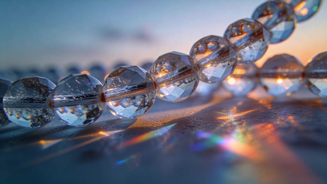 Catturando il sole basso, una collana di perle di cristallo sfaccettate trasparenti proietta bagliori arcobaleno cangianti sul piano del tavolo.