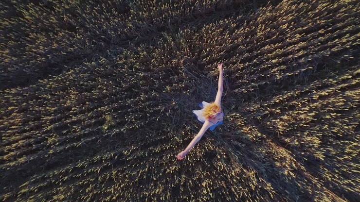Donna che si gira su se stessa in un campo di grano. Donna in un campo estivo