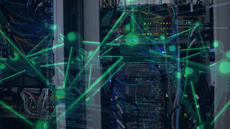 On data pulse starting, green overlay fading over server rack, nodes pulsing to visualize traffic