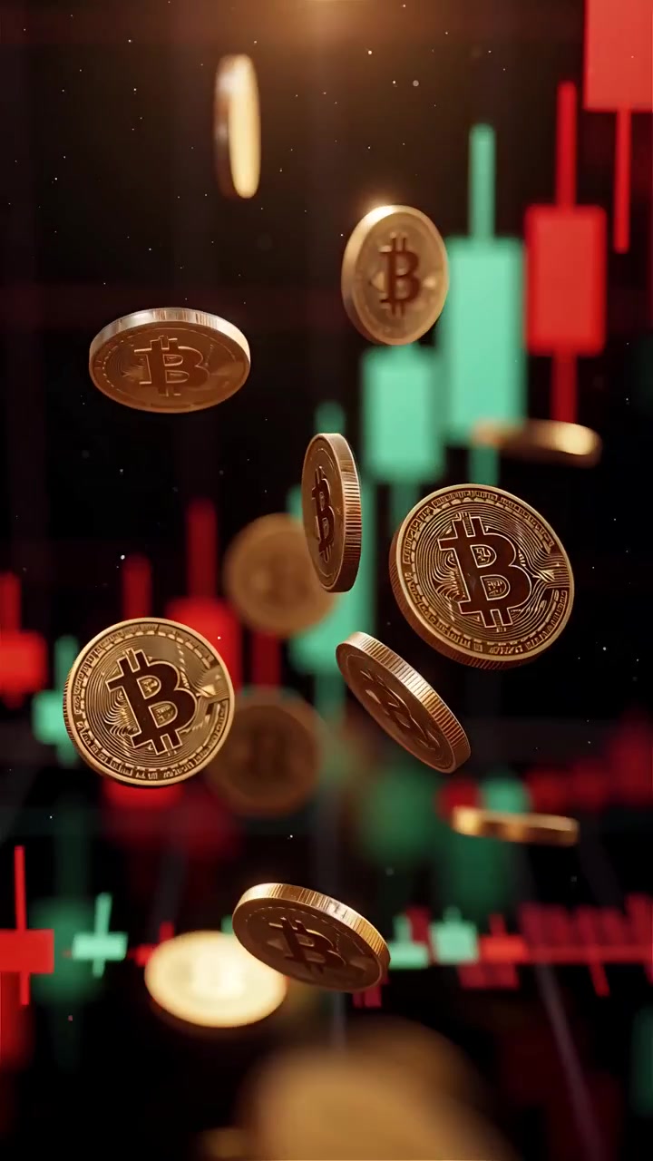 Moedas de Bitcoin douradas com fundo de gráfico de velas desfocado 4K