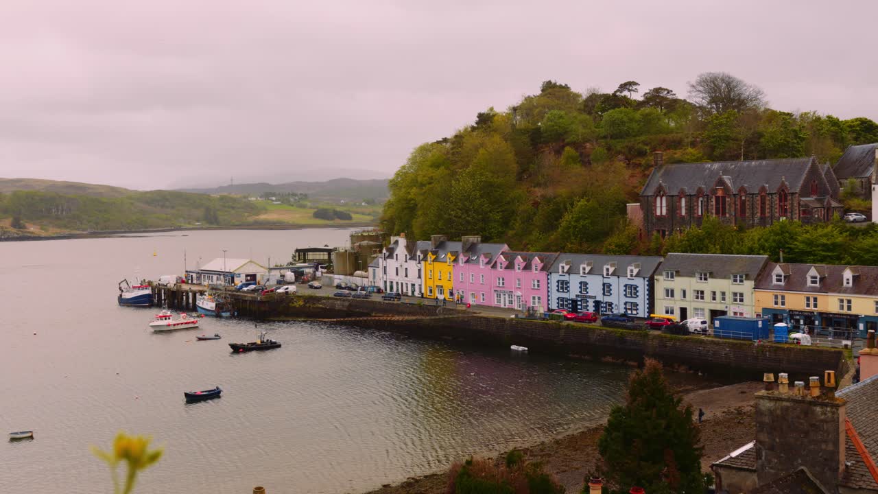 Zoom on colorful houses in Portree, Isle of Skye