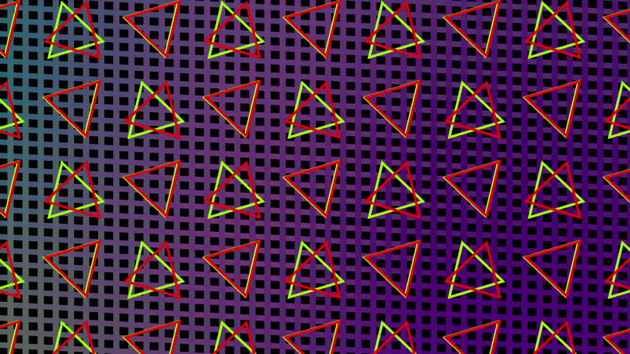 triángulos giratorios en formación sobre un fondo de malla de colores