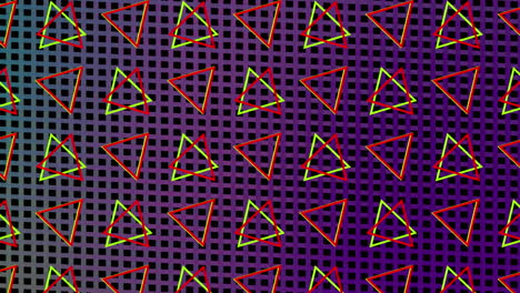 triángulos giratorios en formación sobre un fondo de malla de colores