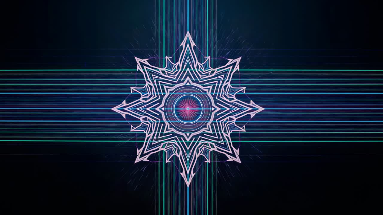 Materializing neon starburst pulsing particles then extending teal lines on dark void, into mandala