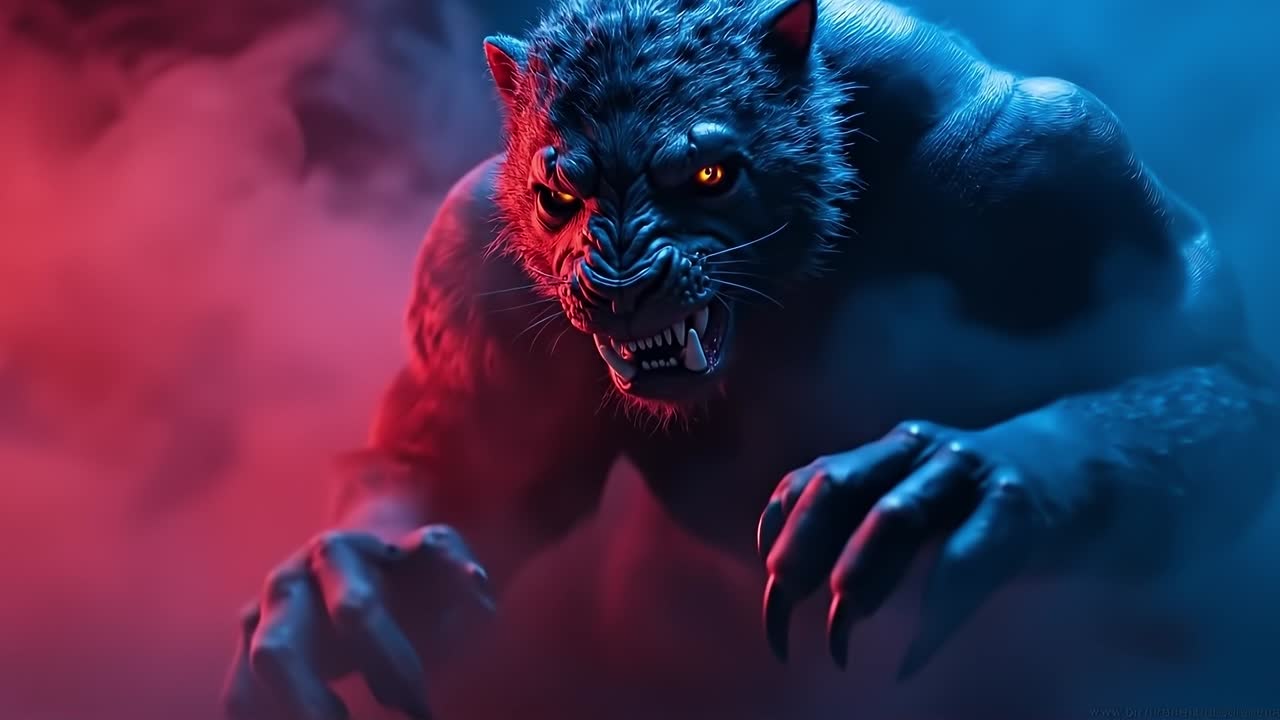 A black panther with red eyes in the smoke