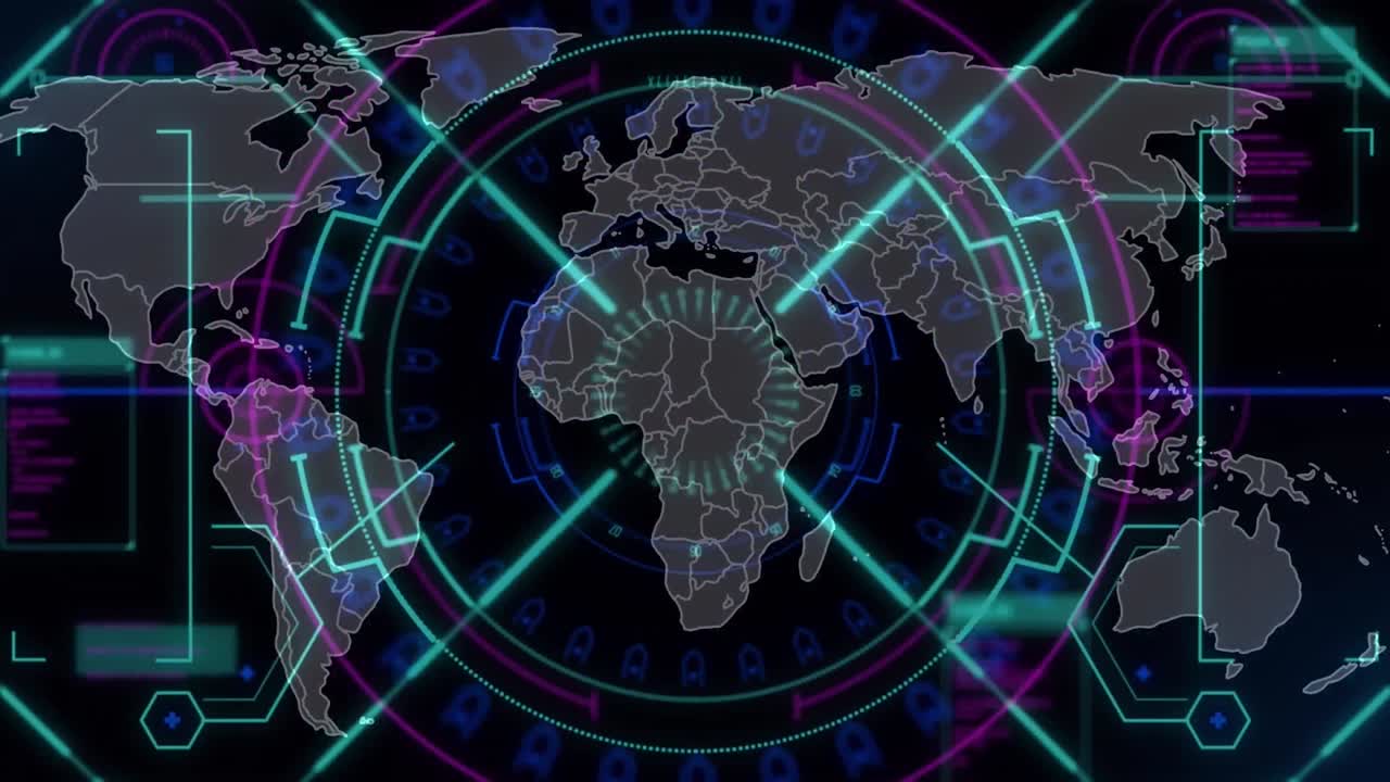 анимация сканирования и карты мира на черном фоне