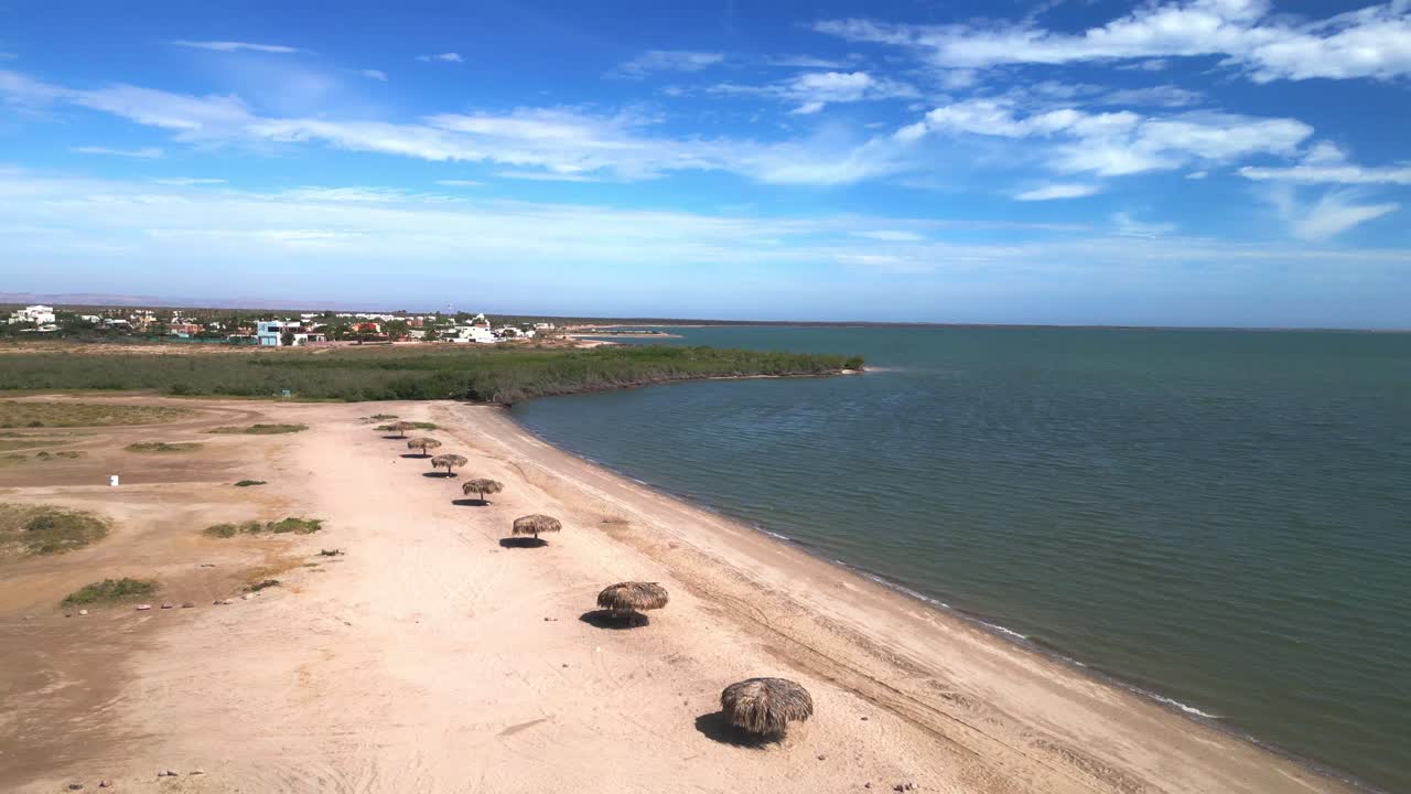 The beach at la paz, el centenario, showcasing a peaceful coastal scene with clear skies, aerial view