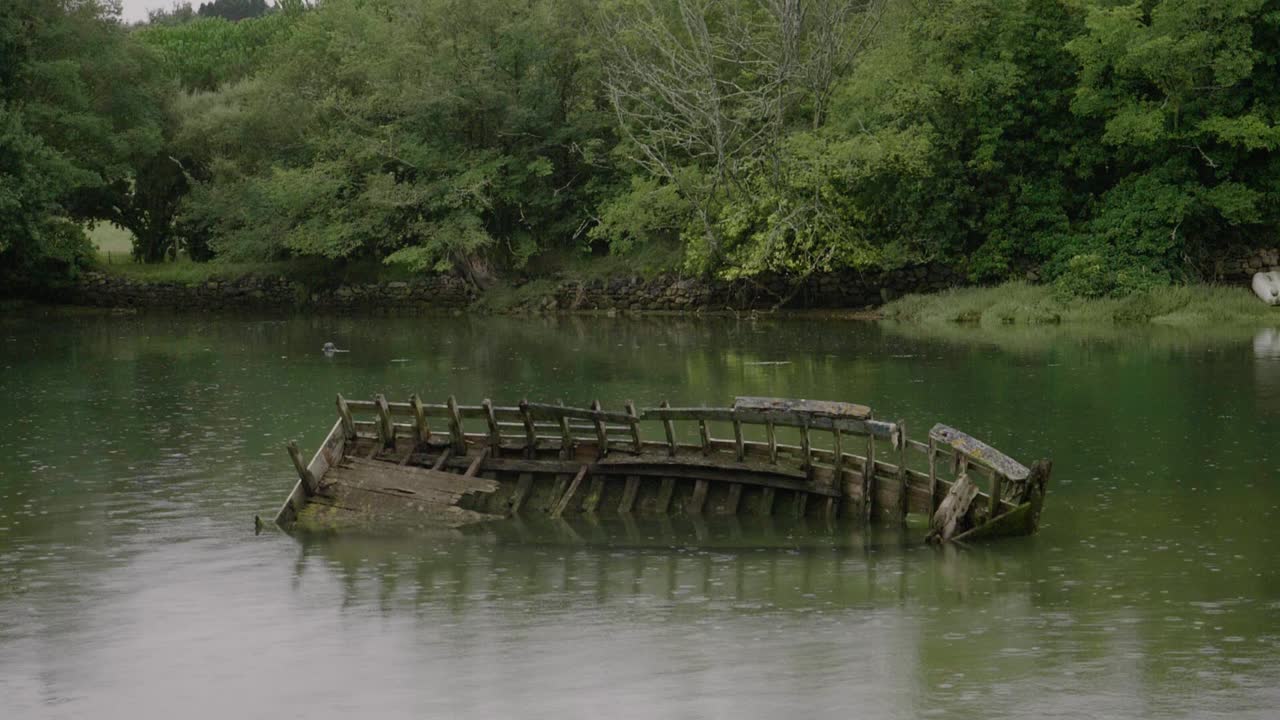 Wooden Shipwreck Boat Half Sunken In La Minaouet River. Slow Motion
