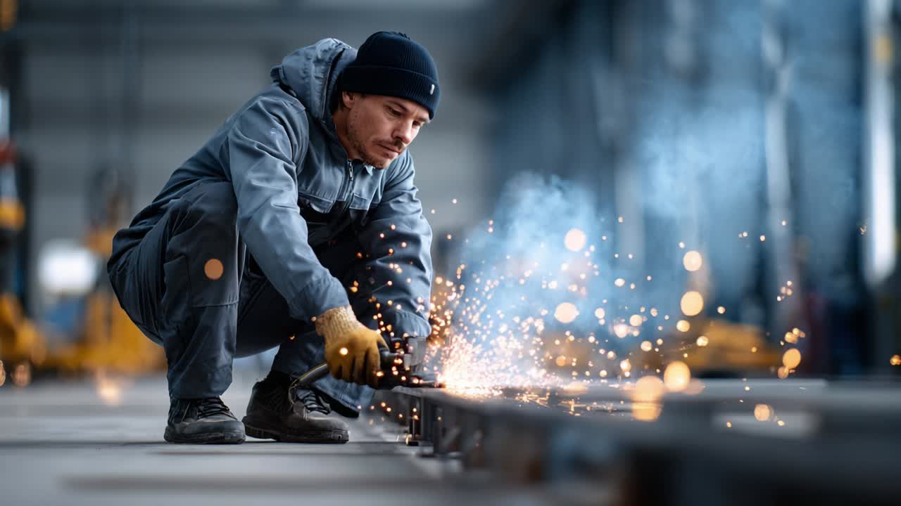 Sveiser som arbeider med gnister i industrielt miljø