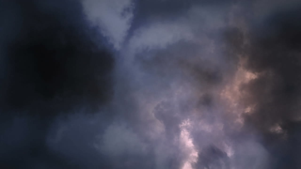 Animation of red particles floating over against thunder and dark clouds