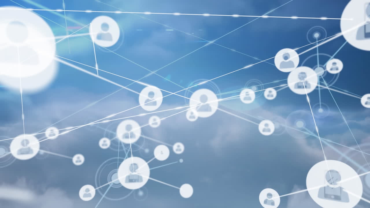 파란색 배경의 구름 위에 있는 사람들과의 연결 네트워크 아이콘의 애니메이션