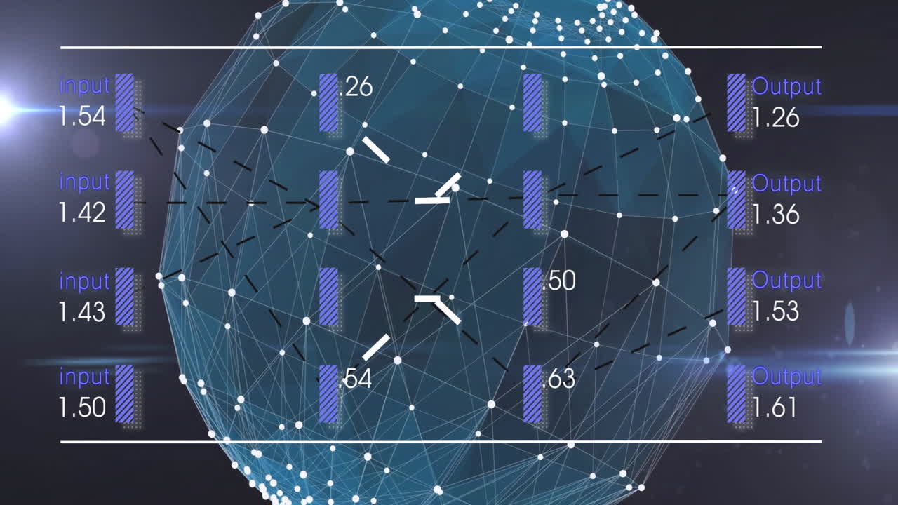Network of connections and data processing animation over geometric sphere