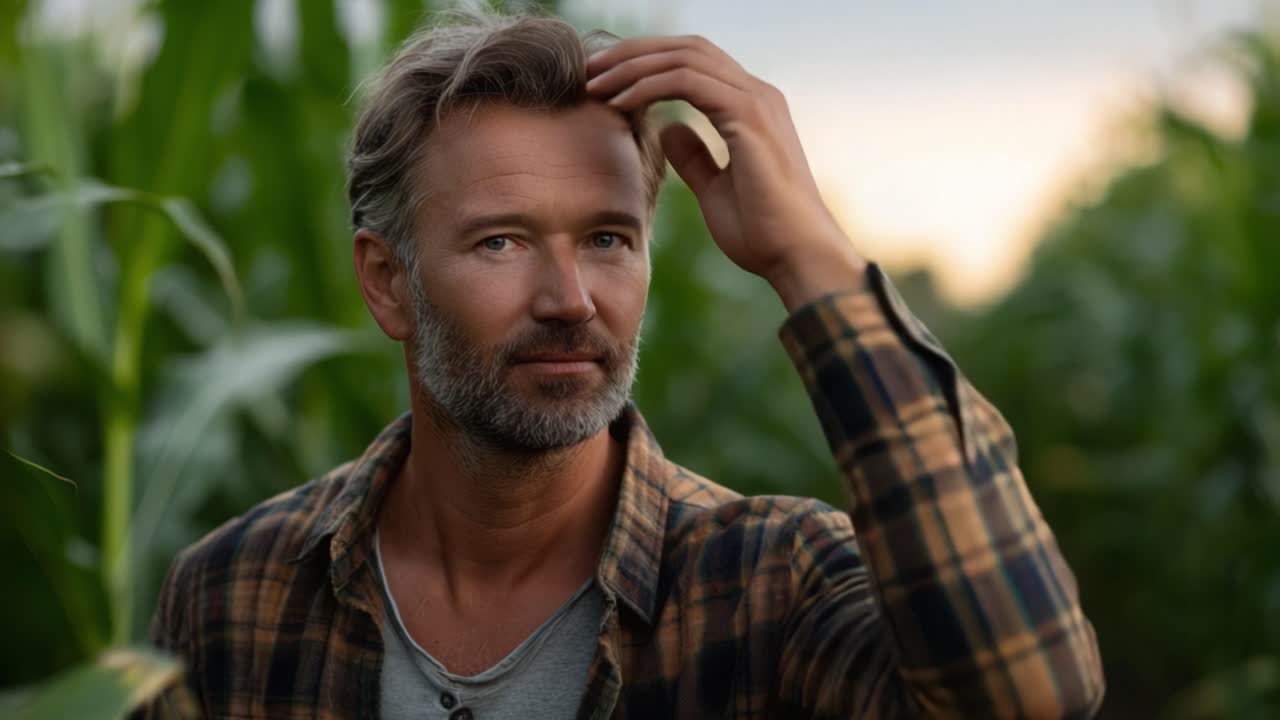Un uomo contemplativo sta pensieroso in un campo di mais, circondato da rigogliosi steli verdi, riflettendo sulla sua connessione con la natura e lo stile di vita agricolo.