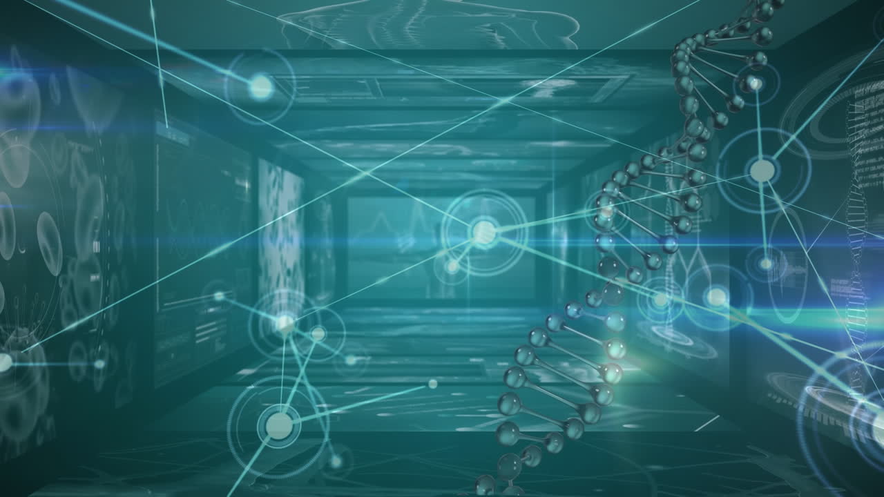 파란색 배경에 과학적 데이터 처리 위에 회전하는 dna 가닥의 애니메이션