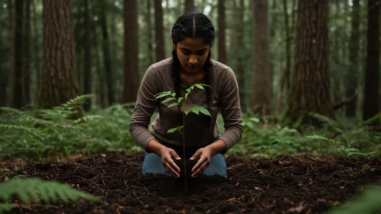 A Young Person Dedicates Time to Planting a Tree in a Serene Forest, Demonstrating Commitment to Environmental Sustainability and Conservation Efforts