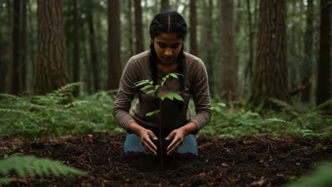 a young person dedicates time to planting a tree in a serene forest, demonstrating commitment to environmental sustainability and conservation efforts