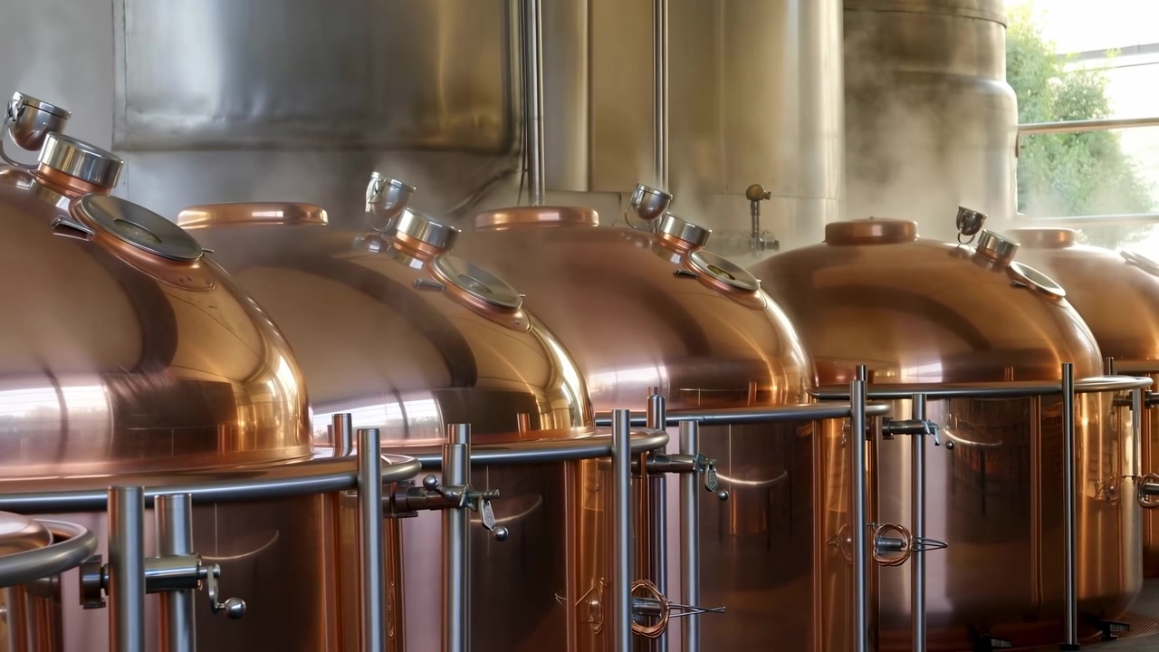 Quadro de sequência inicial a intermediária de tanques de fermentação de cobre polido dentro de uma cervejaria industrial limpa, com acessórios de aço inoxidável e vasos metálicos altos.