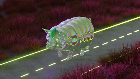 iridescent crystal pig walking on a neon road