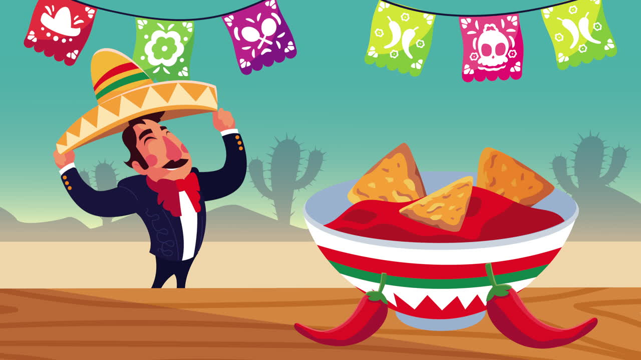 mexican mariachi singing with nachos character