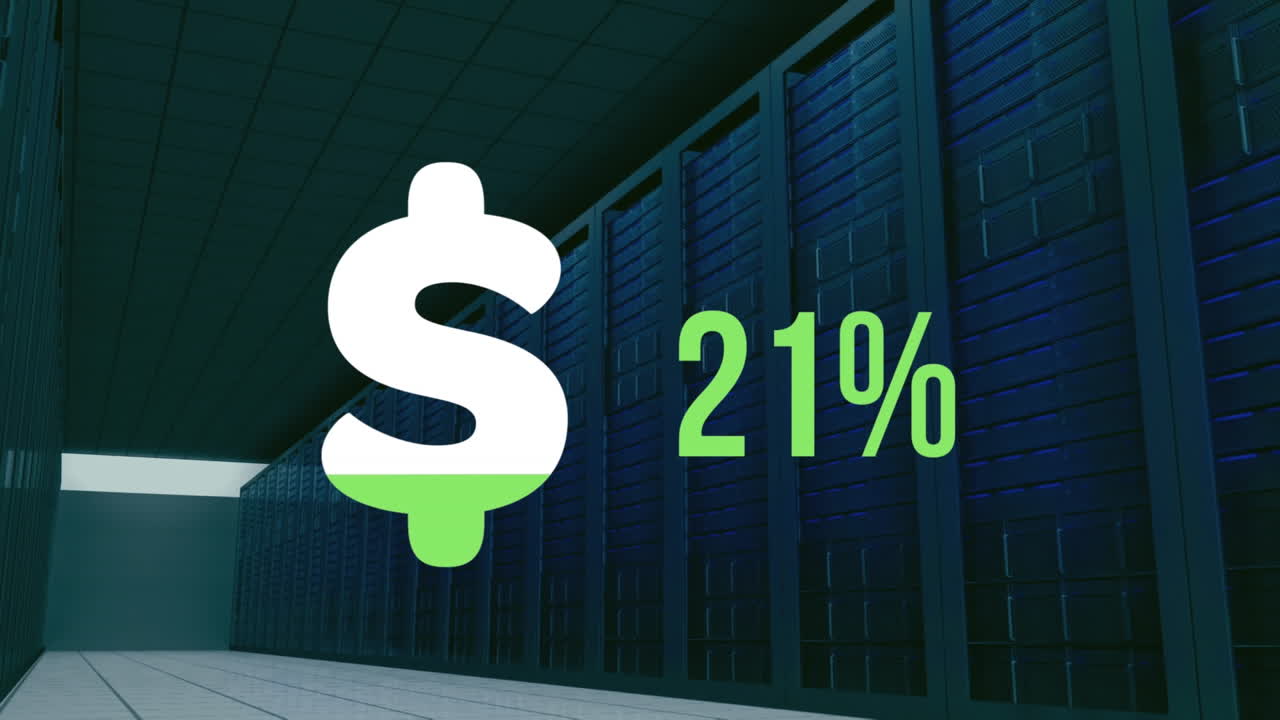 Animazione del simbolo della valuta dollaro che si riempie di verde su server di computer