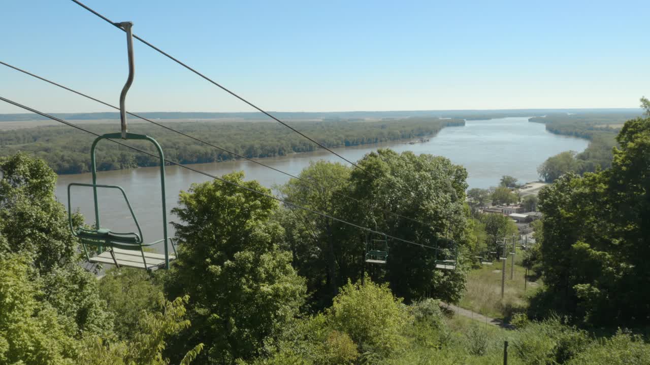 Beautiful shot over looking Mississippi River from the perspective of an old abandoned chair lift. 4K footage