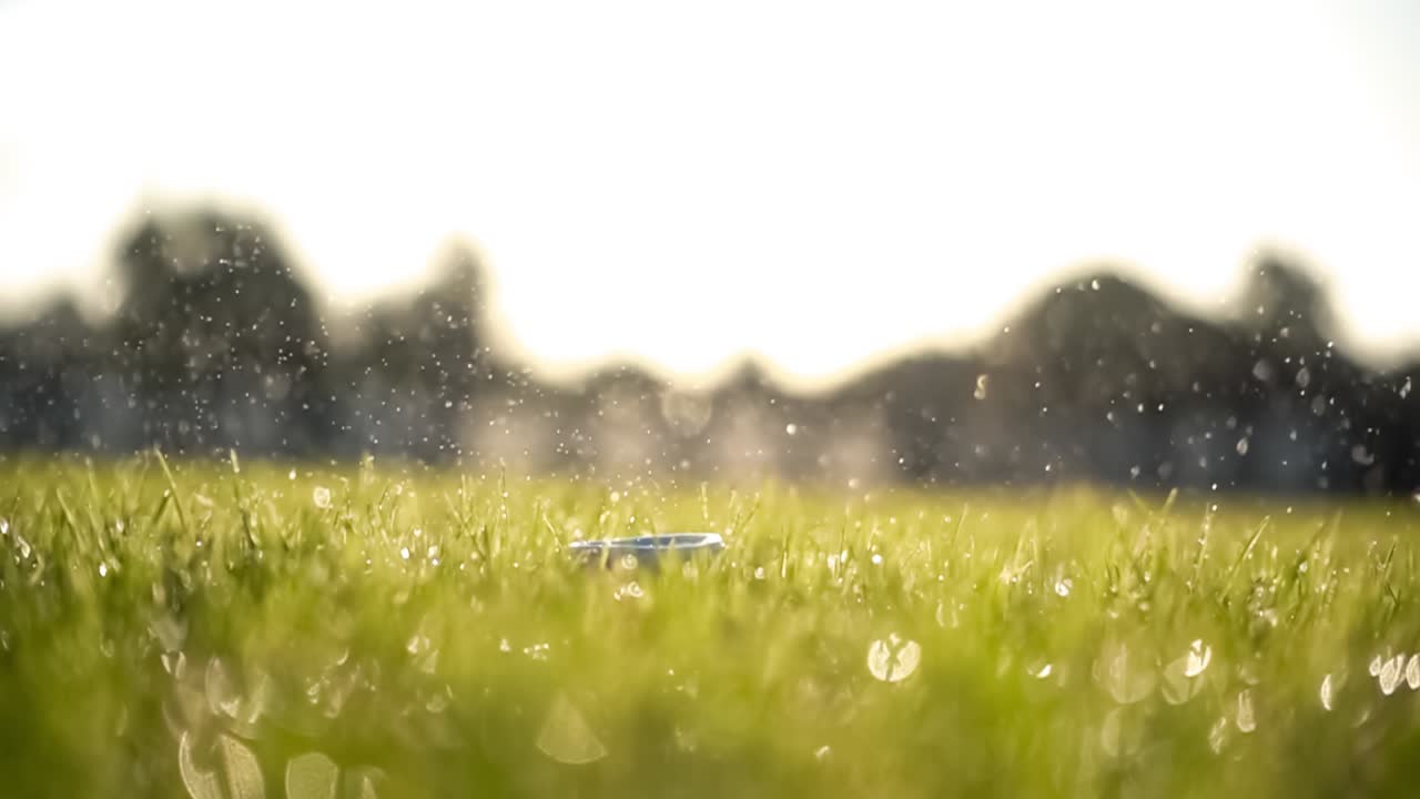 골프 클럽은 슈퍼 슬로우 모션으로 골프 공을 때립니다. 아침 이슬의 방울과 풀 입자가 충돌 후 공중에 올라갑니다.